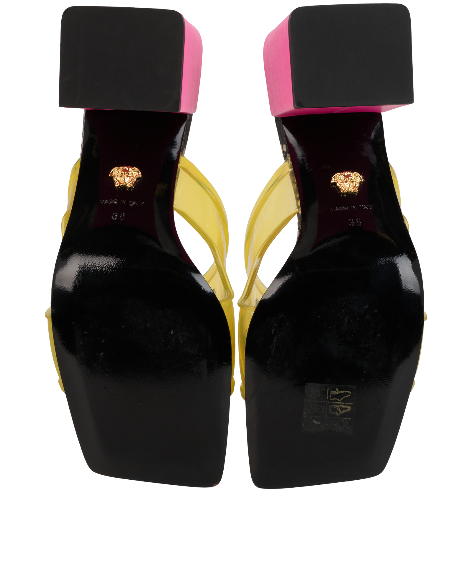 Versace 70 Clear Sandals, &pound;150, Shoes, Pink/Yellow, Leather/PVC, Top view