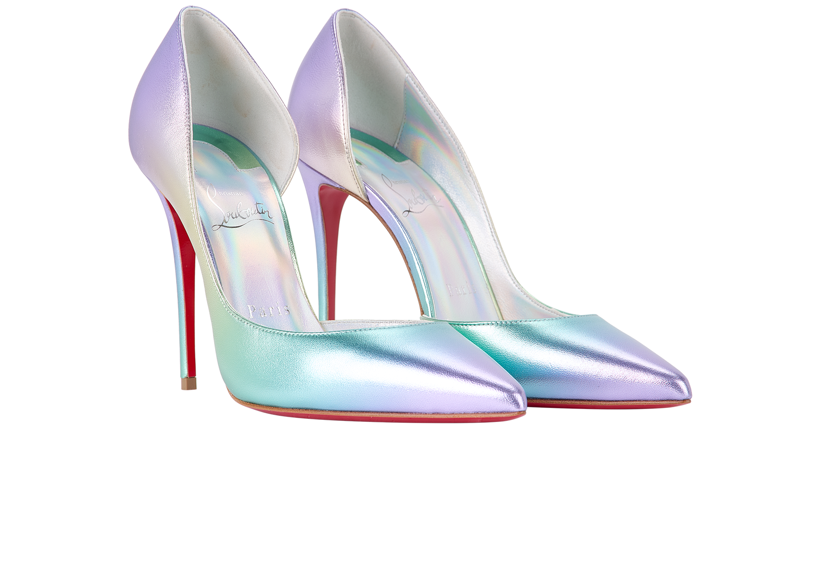 Christian Louboutin Iridescent Iriza 100, &pound;450, Shoes, Gold/Green/Purple/Silver, Leather, Side view
