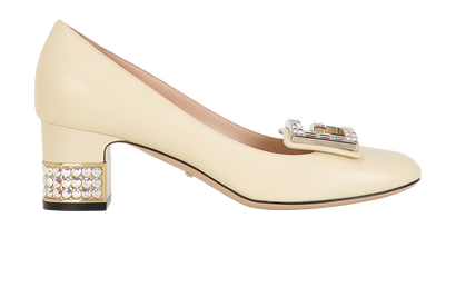 Gucci Crystal G Block Heels, &pound;375, Shoes, Beige, Leather, Front view