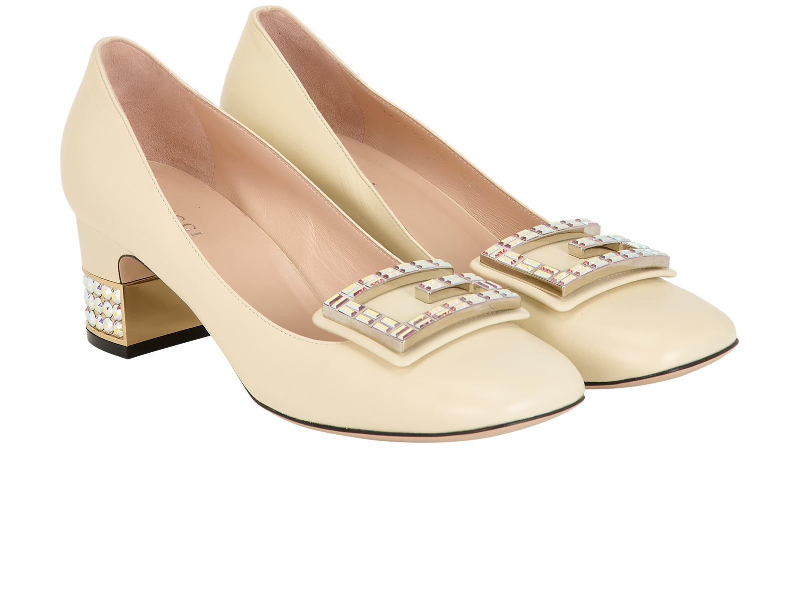 Gucci Crystal G Block Heels, &pound;375, Shoes, Beige, Leather, Side view