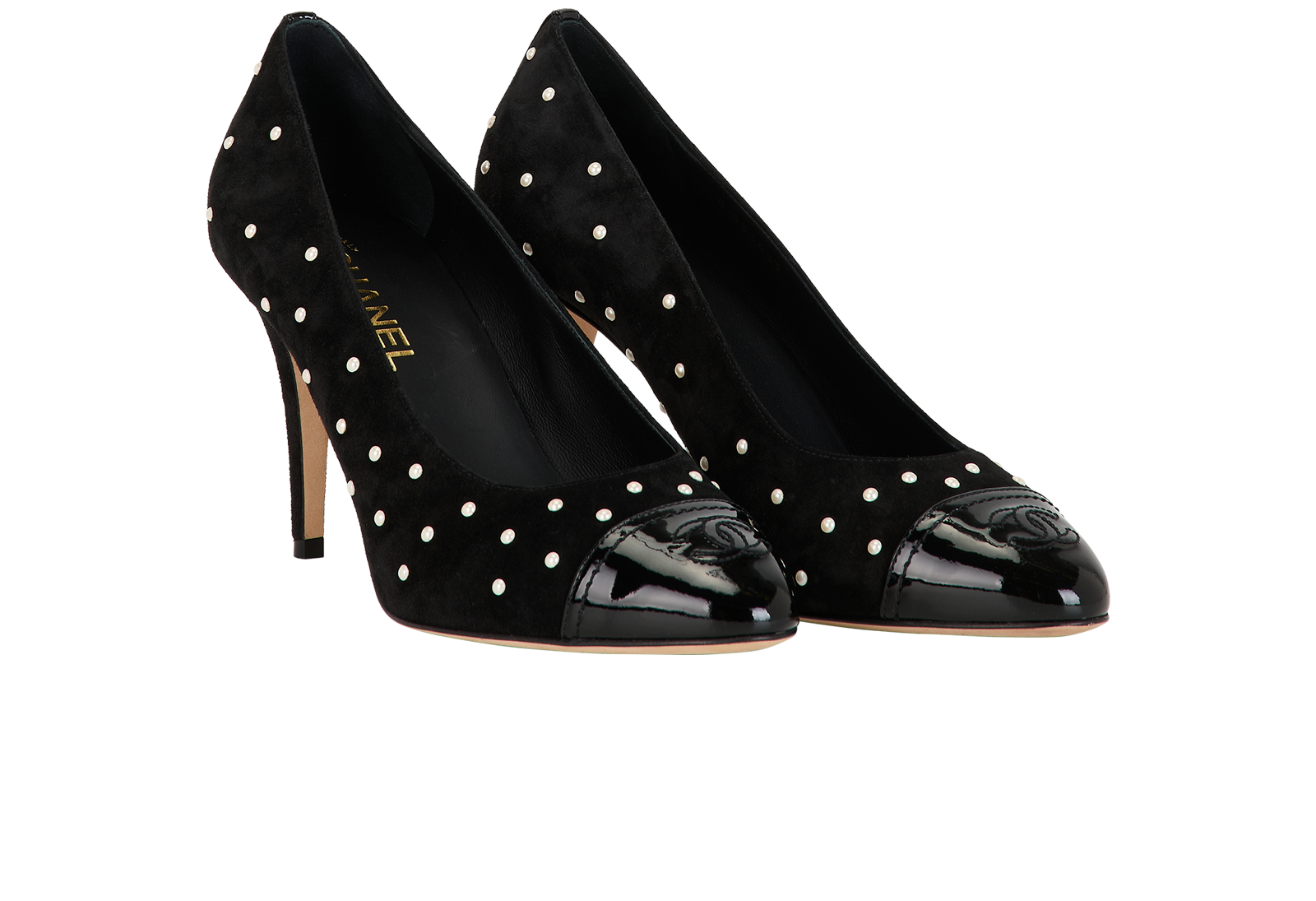 Chanel CC Pearl Pumps, &pound;390, Shoes, Black, Suede, Side view