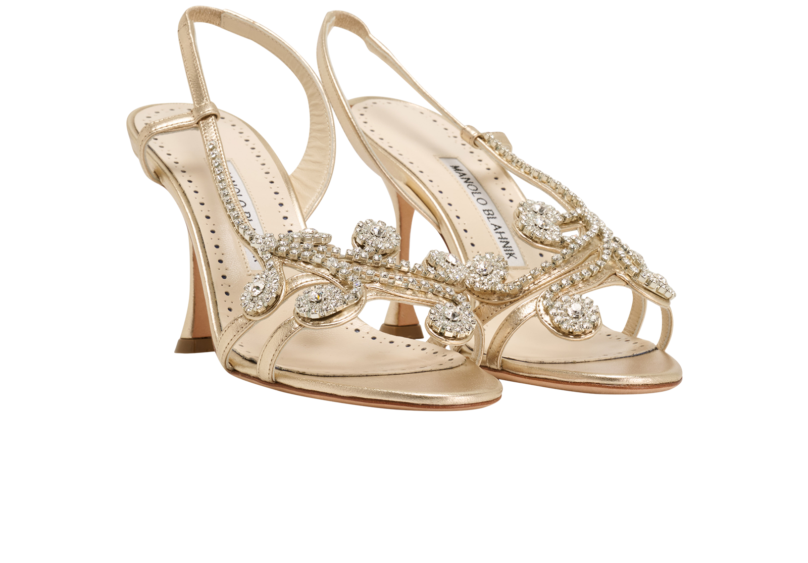 Manolo Blahnik Fernusan Bridal 90, &pound;250, Shoes, Gold, Crystal/Leather, Side view