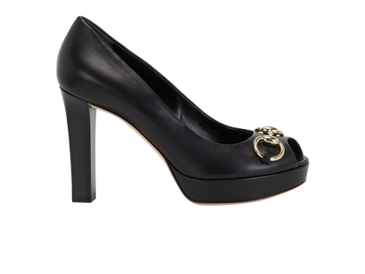 Gucci Horsebit Peep Toe Heels, &pound;220, Shoes, Black, Leather, Front view