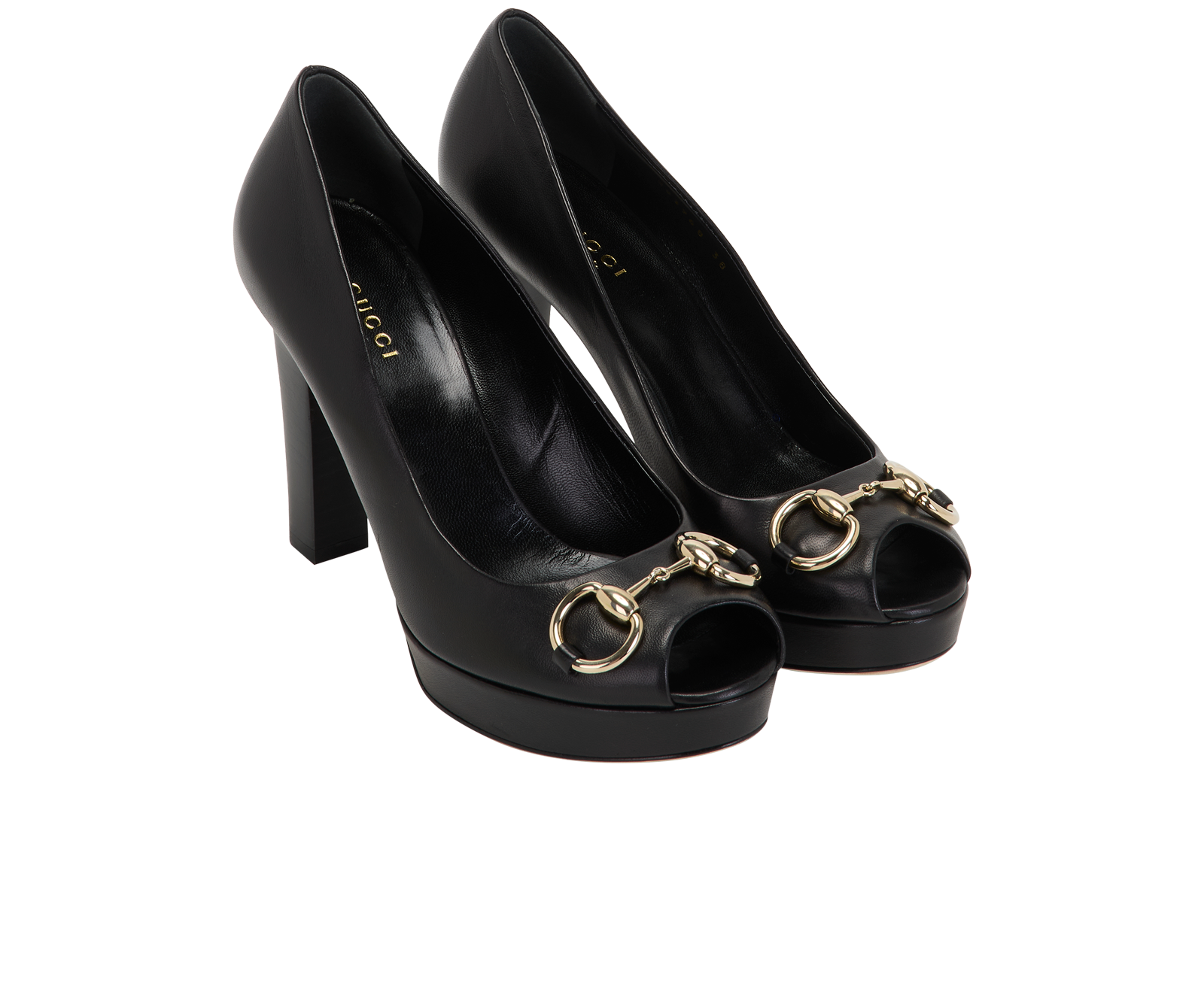 Gucci Horsebit Peep Toe Heels, &pound;220, Shoes, Black, Leather, Side view