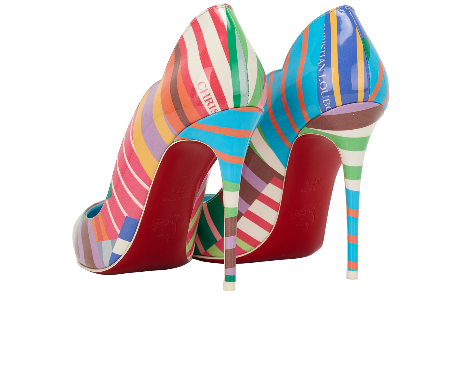 Christian Louboutin Hot Chick Heels, &pound;330, Shoes, Blue/Pink/Yellow, Patent Leather, Back view