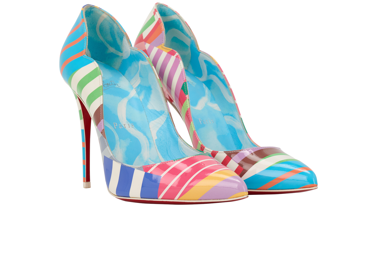 Christian Louboutin Hot Chick Heels, &pound;330, Shoes, Blue/Pink/Yellow, Patent Leather, Side view