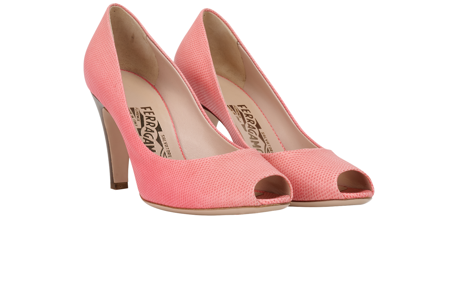 Salvatore Ferragamo Peep Toe Pumps, &pound;160, Shoes, Pink, Leather, Side view