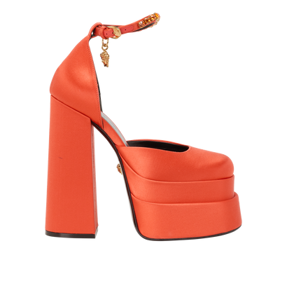 Versace Medusa Aevitas Platform Pumps, &pound;220, Shoes, Orange, Satin, Front view