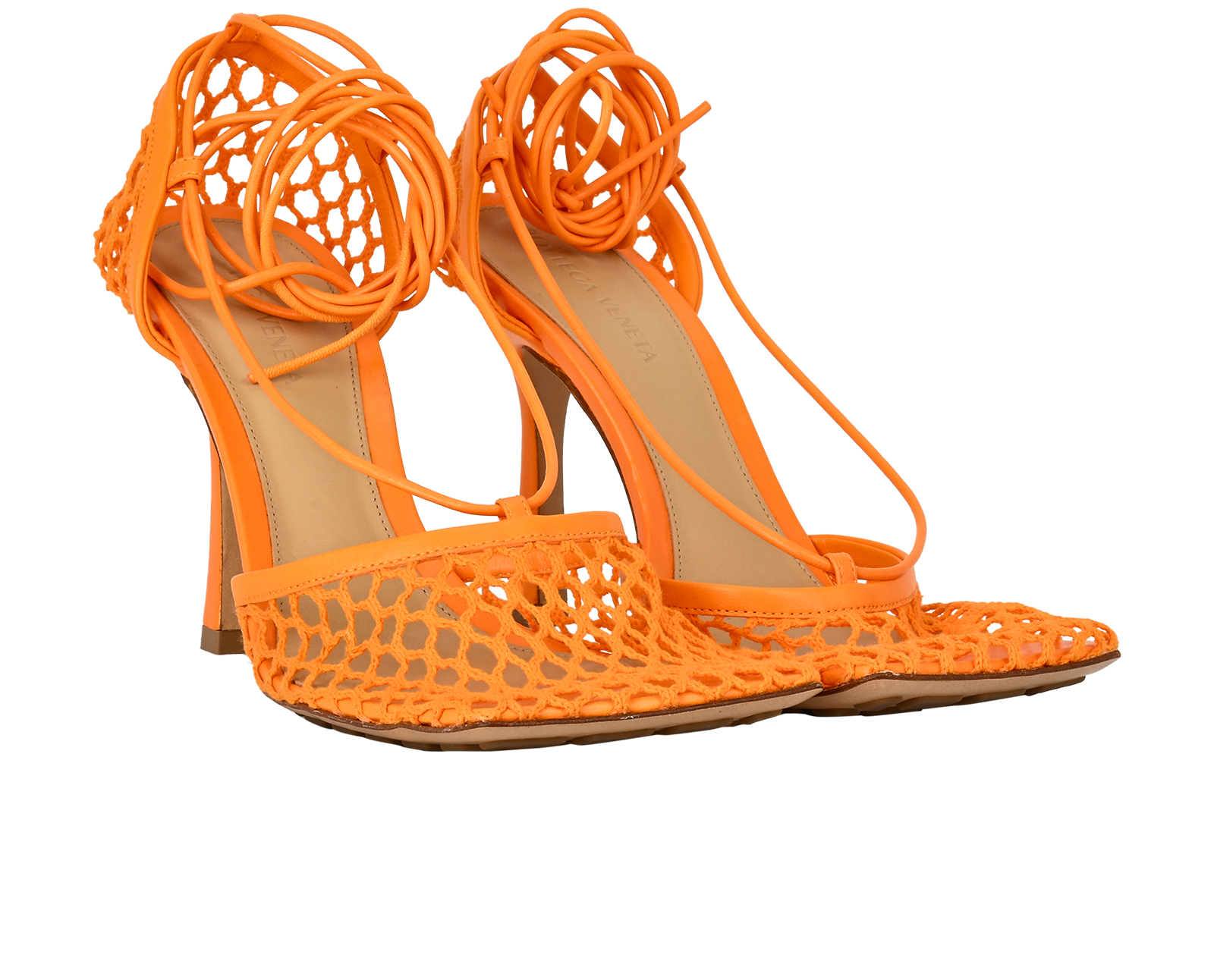 Bottega Veneta Stretch Lace Up Sandals, &pound;220, Shoes, Orange, Leather/Mesh, Side view