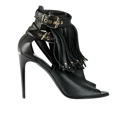 Burberry Fringe Open Toe Heels, £195, Shoes, Black, Leather, Front view