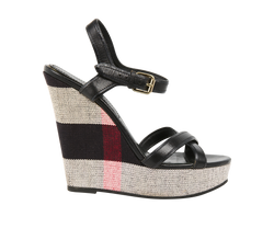 Burberry Plaid Wedge Sandals, Canvas/Leather, Black/Navy, DB, UK5.5, 3*