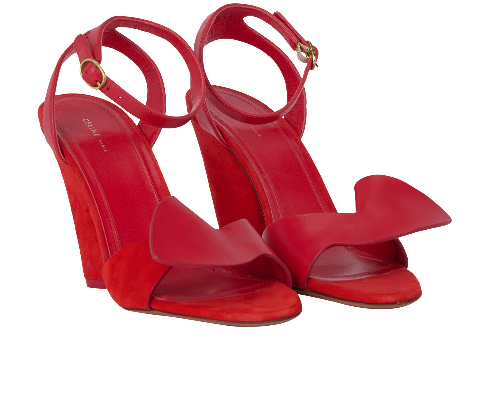 Celine Ruffle Heeled Sandals, &pound;110, Shoes, Red, Leather/Suede, Side view