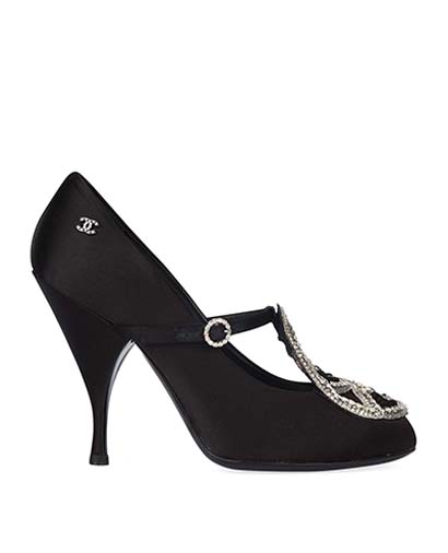 Chanel Black Satin Embellished CC Crystal Heels, front view