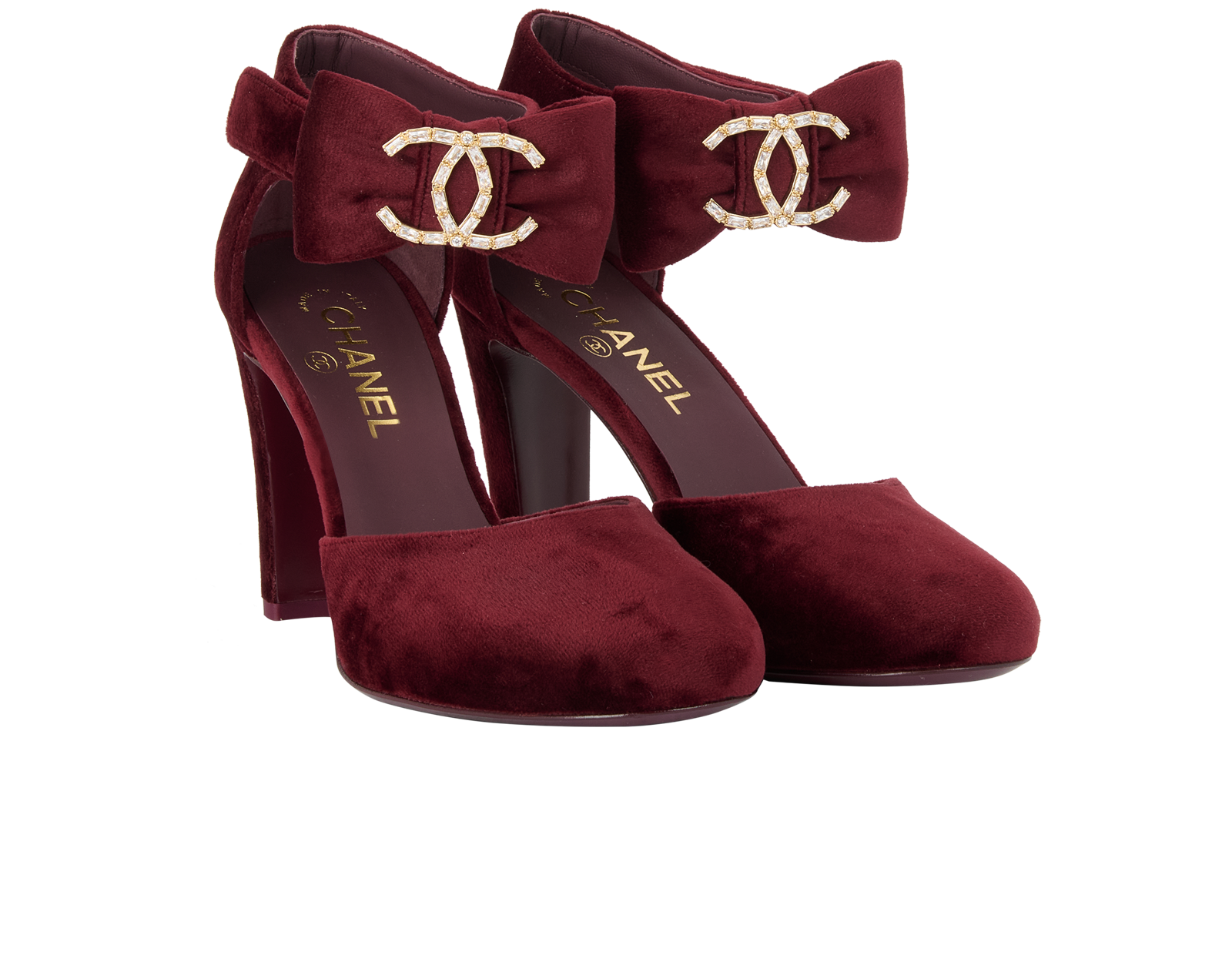 Chanel CC Bow Heels, &pound;450, Shoes, Burgundy, Velvet, Side view