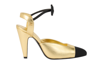 Chanel Two-Tone Bow Heels, £450, Shoes, Black/Gold, Leather, Front view