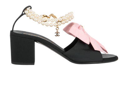 Chanel CC Bow & Pearl Block Heels, &pound;950, Shoes, Black/Pink, Leather/Silk, Front view