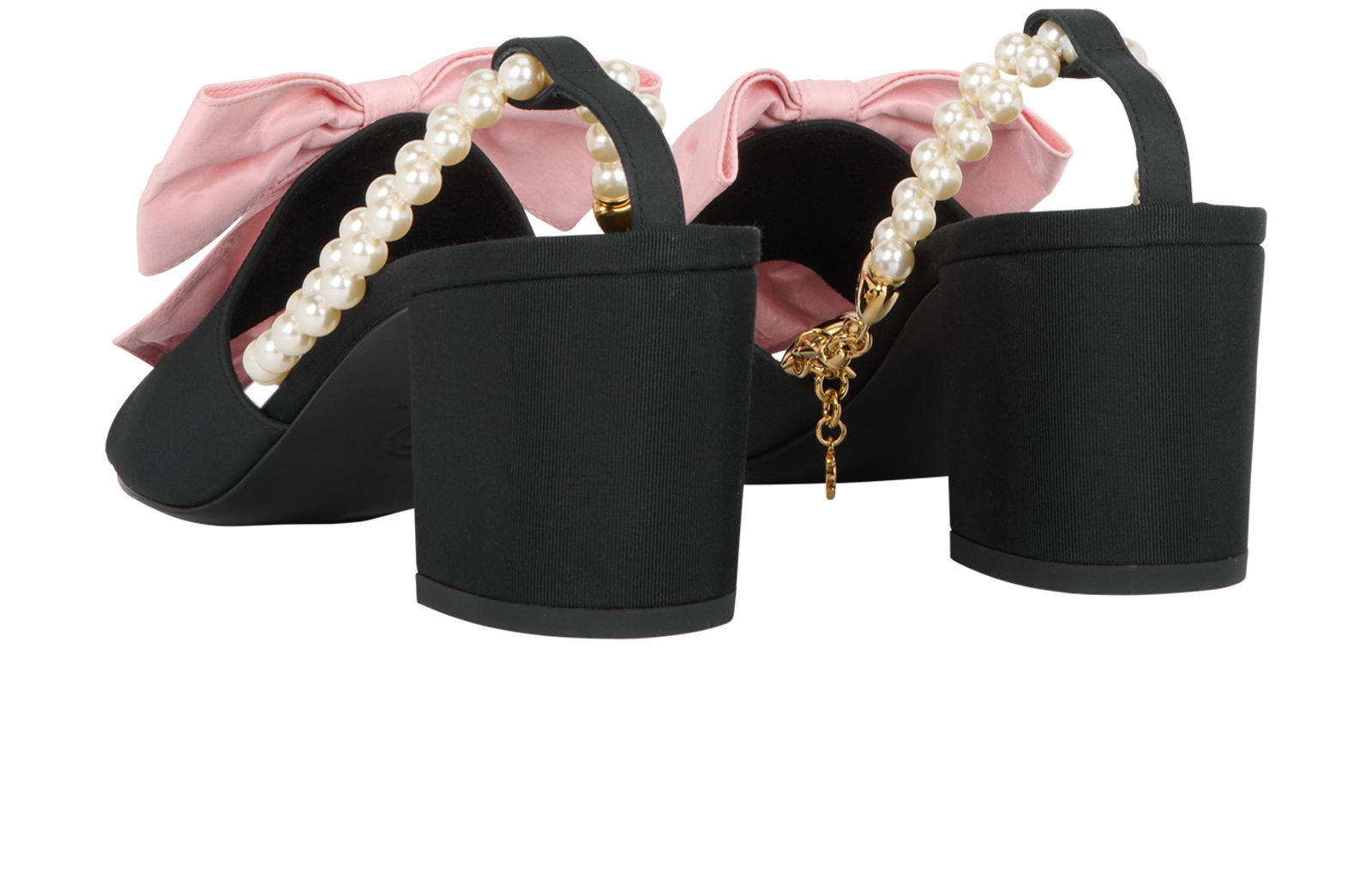 Chanel CC Bow & Pearl Block Heels, &pound;950, Shoes, Black/Pink, Leather/Silk, Back view
