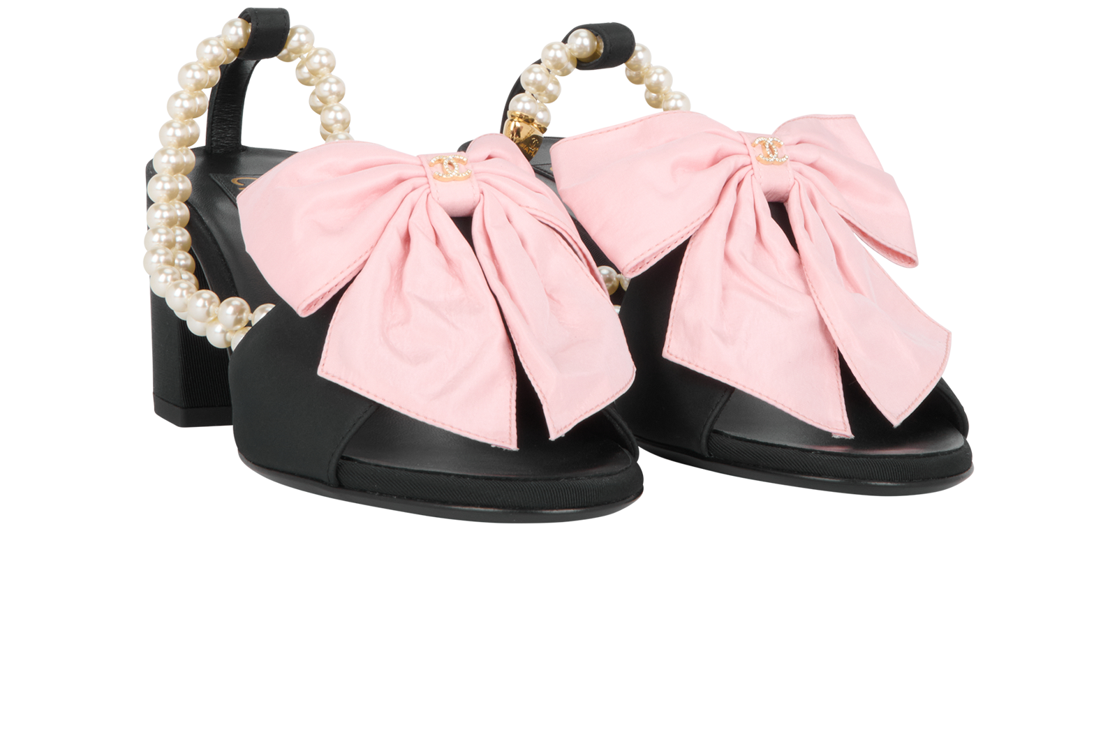Chanel CC Bow & Pearl Block Heels, &pound;950, Shoes, Black/Pink, Leather/Silk, Side view