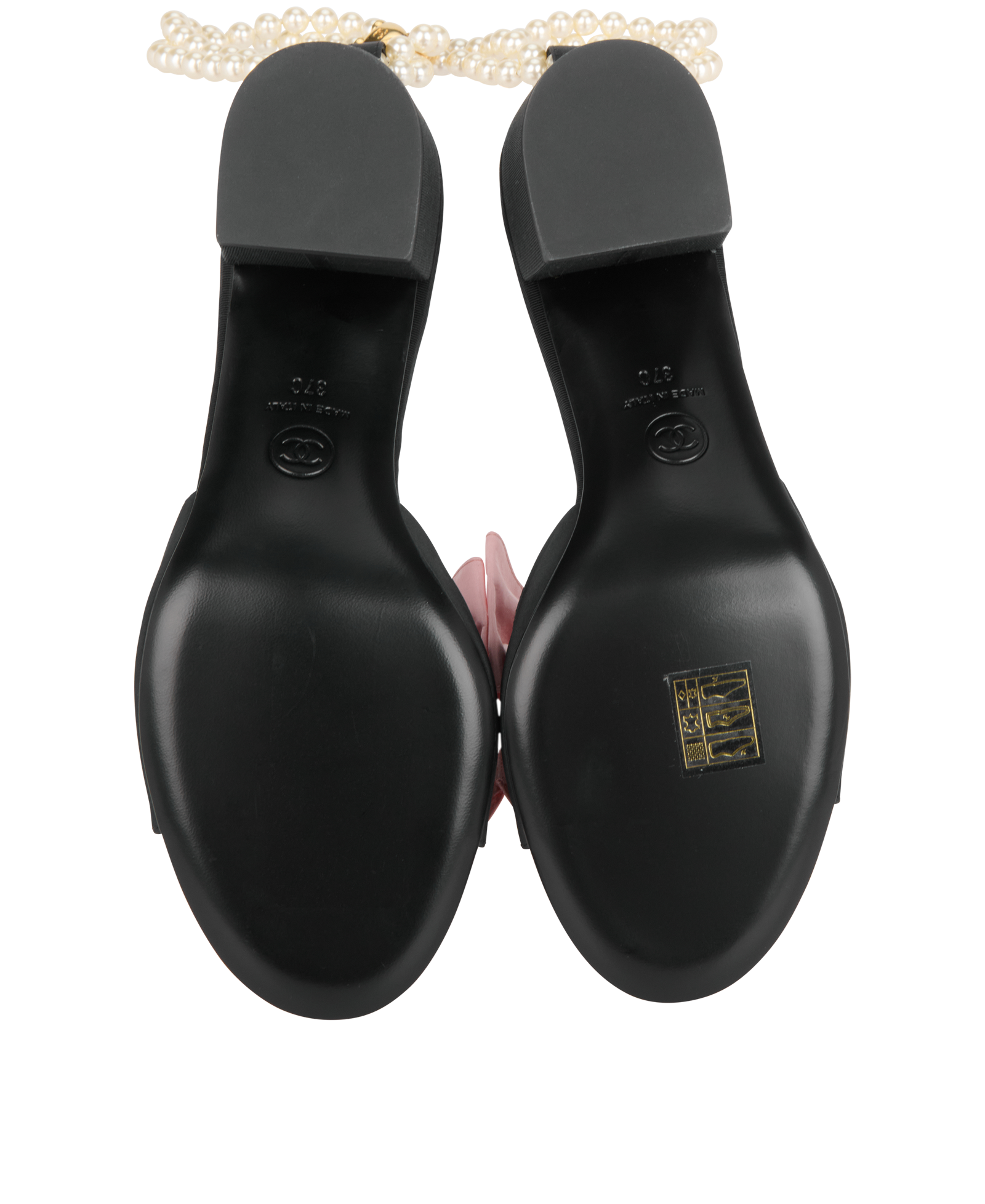 Chanel CC Bow & Pearl Block Heels, &pound;950, Shoes, Black/Pink, Leather/Silk, Top view