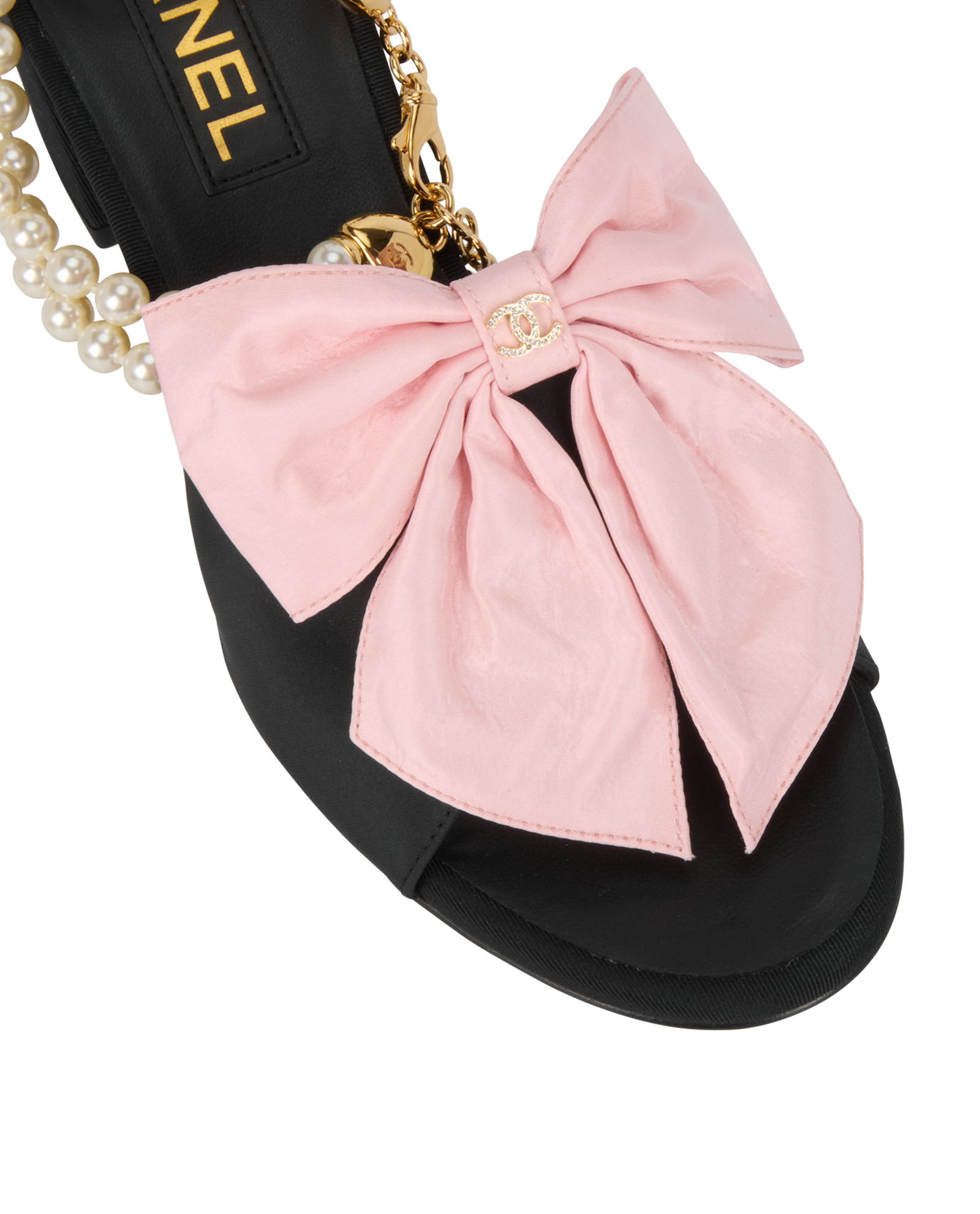Chanel CC Bow & Pearl Block Heels, &pound;950, Shoes, Black/Pink, Leather/Silk, Other view