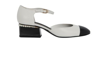 Chanel Block Heel Shoes, &pound;620, Shoes, Black/White, Leather, Front view