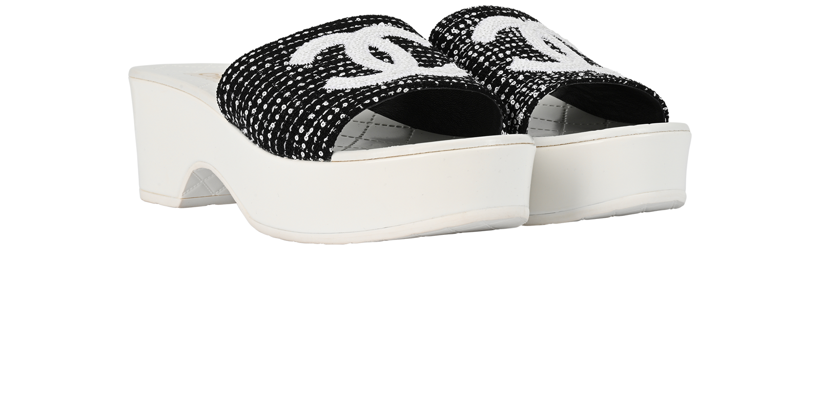 Chanel Platform Sandals, &pound;695, Shoes, Black/White, Fabric/Leather, Side view