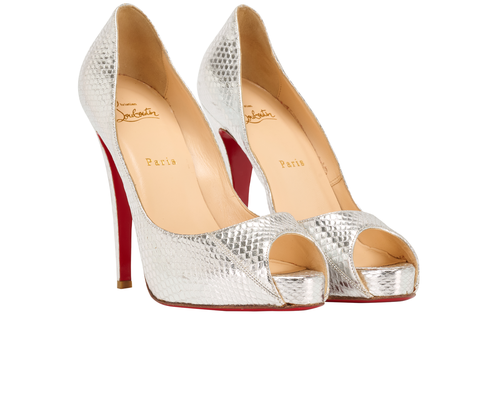 Pre-loved Christian Louboutin Python Embossed Peep-Toe Heels - £150