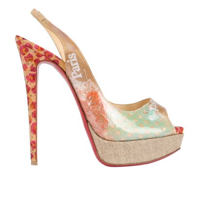 Christian Louboutin Eco Trash Peep-Toe Platforms, &pound;180, Shoes, Beige/Green/Pink/Red, Leather, Front view