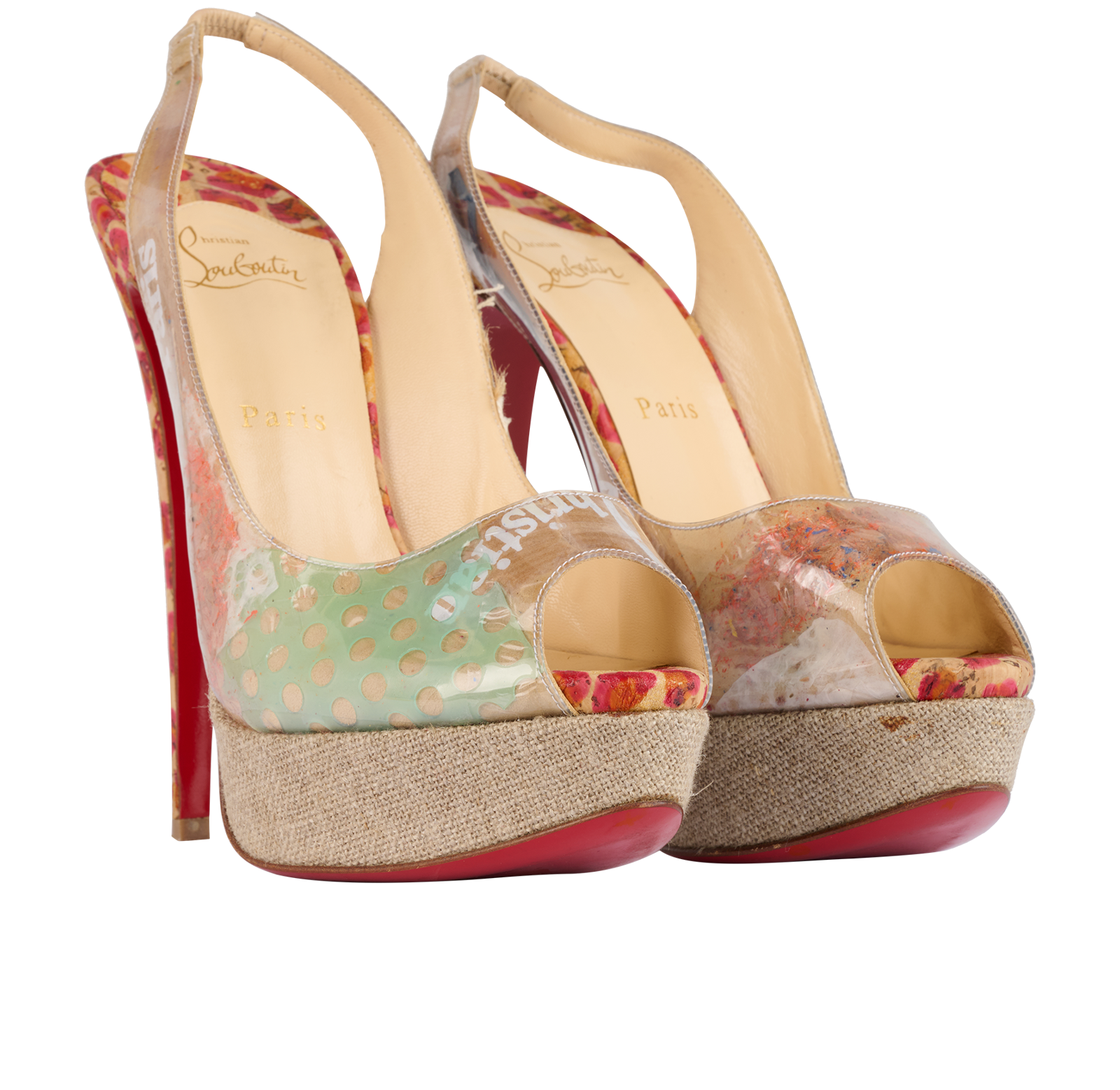 Christian Louboutin Eco Trash Peep-Toe Platforms, &pound;180, Shoes, Beige/Green/Pink/Red, Leather, Side view