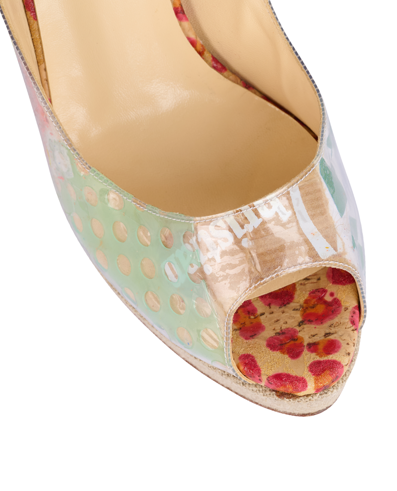 Christian Louboutin Eco Trash Peep-Toe Platforms, &pound;180, Shoes, Beige/Green/Pink/Red, Leather, Other view