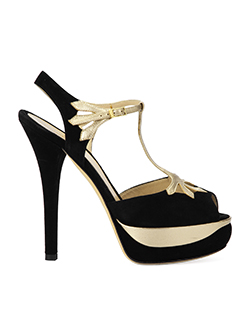 Fendi Platform Cutout Heels, Suede, Black/Gold, UK 5.5