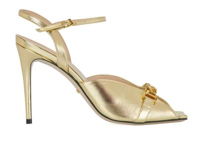 Gucci Sylvie Chain Heeled Sandals, &pound;510, Shoes, Gold, Leather, Front view