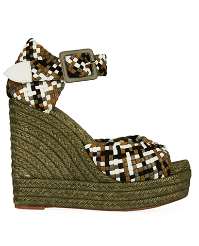 Hermes Khaki Woven Leather Wedges, front view