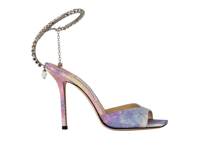 Jimmy Choo Saeda Unicorn Sandal 100, &pound;295, Shoes, Pink/Purple, Satin, Front view