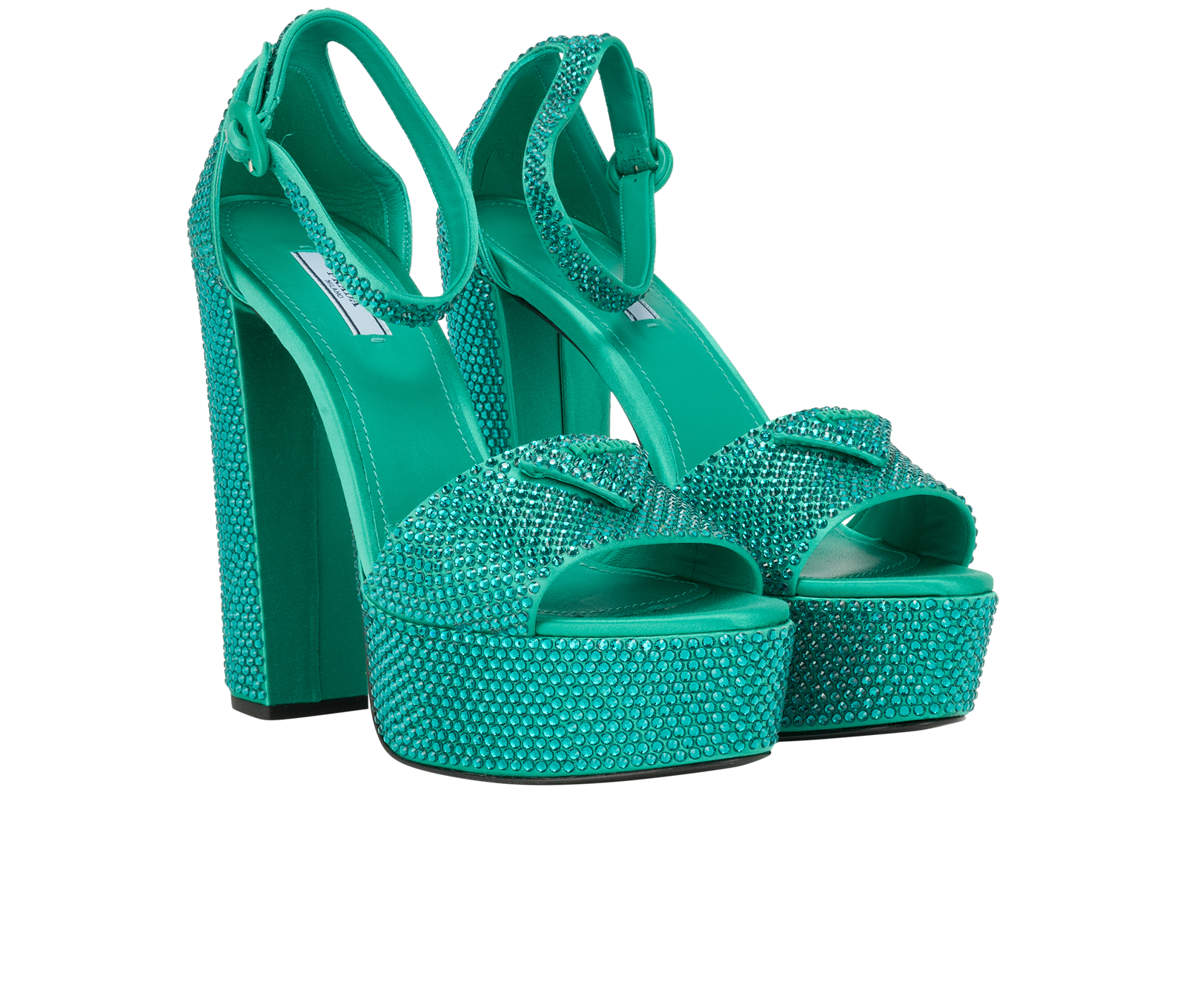 Prada Embellished Platform Heels, &pound;495, Shoes, Green, Satin, Side view