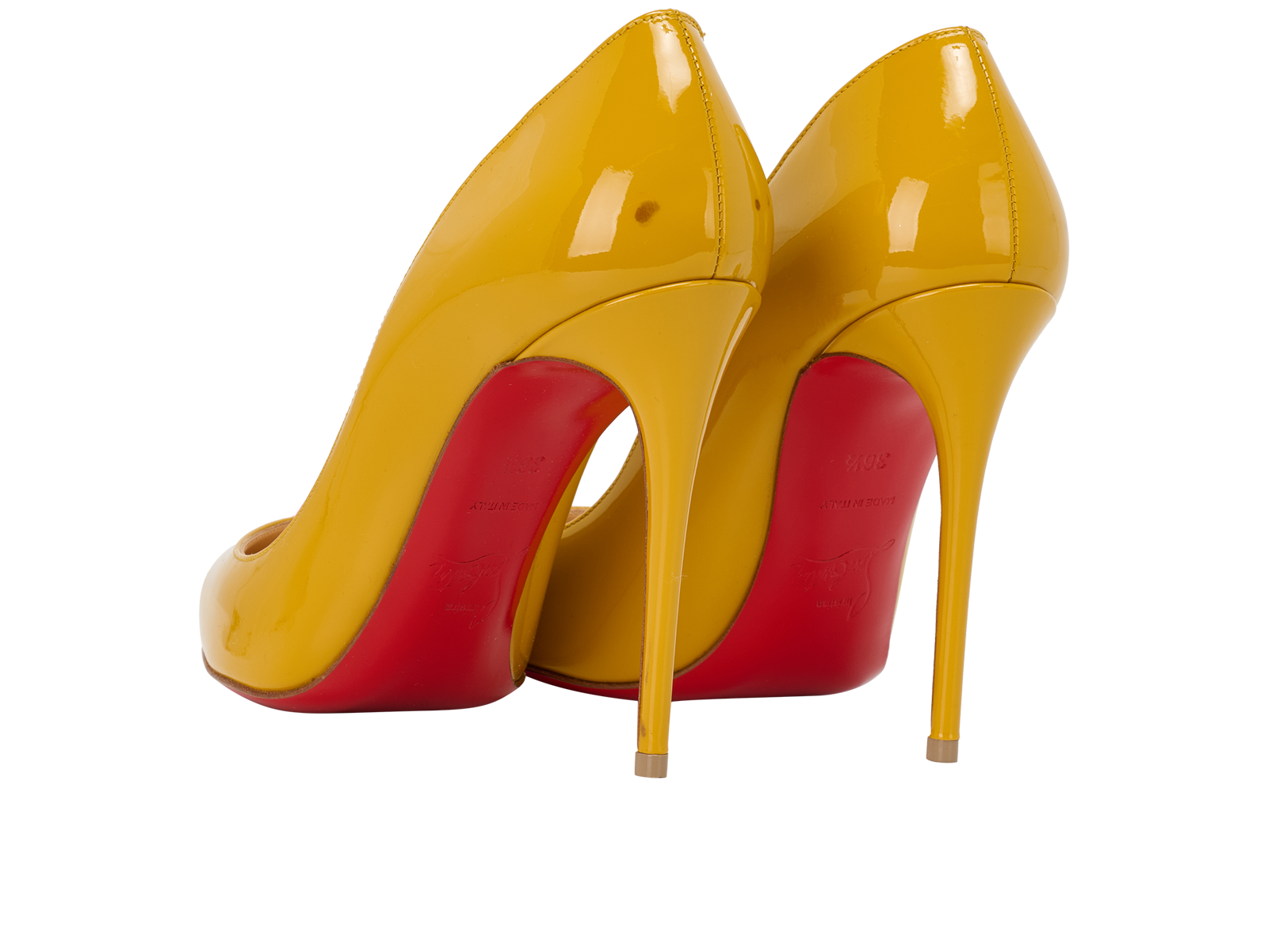 Christian Louboutin So Kate Pumps, &pound;275, Shoes, Yellow, Patent Leather, Back view