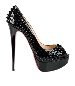 Christian Louboutin Spike Open Toe Heels, Patent, Black, UK 3, 2*