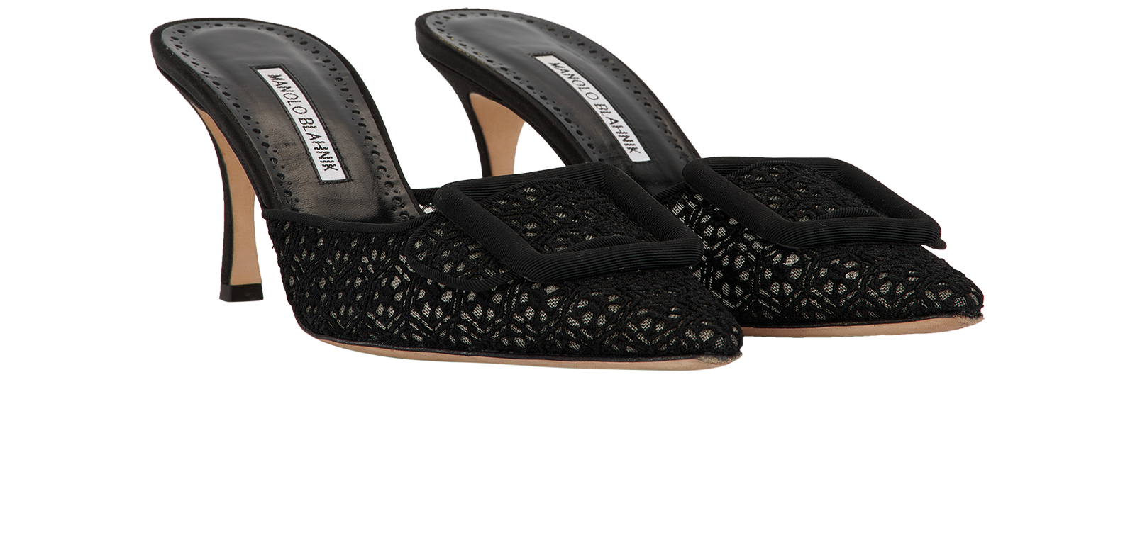 Manolo Blahnik Maysalebi Mules, &pound;240, Shoes, Black, Lace/Leather, Side view