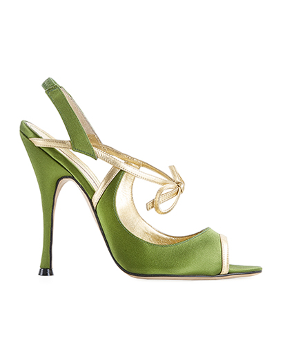 Manolo Blahnik Bow Open Toe Heels, &pound;130, Shoes, Gold/Green, Fabric/Leather, Front view