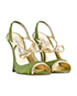 Manolo Blahnik Bow Open Toe Heels, &pound;130, Shoes, Gold/Green, Fabric/Leather, Side view