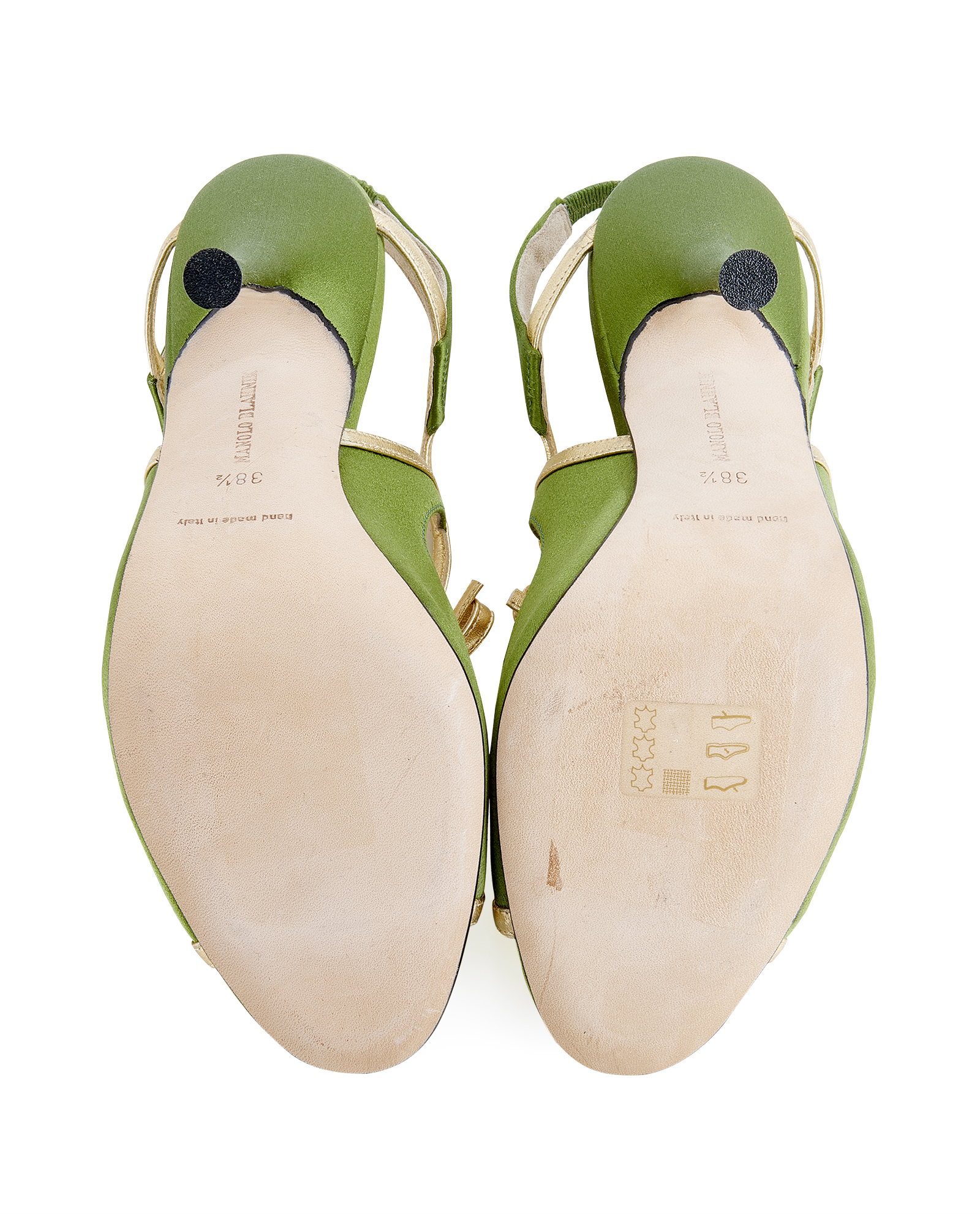 Manolo Blahnik Bow Open Toe Heels, &pound;130, Shoes, Gold/Green, Fabric/Leather, Top view