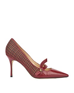 Manolo Blahnik Mary Jane Heels, Leather/Check Fabric, Red, 6,B, 2*