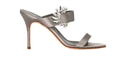Manolo Blahnik Chivela Crystal Embellished Mules, &pound;290, Shoes, Grey, Satin, Front view