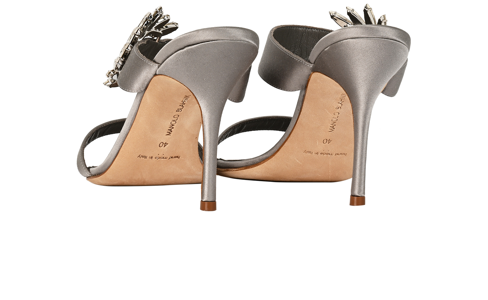 Manolo Blahnik Chivela Crystal Embellished Mules, &pound;290, Shoes, Grey, Satin, Back view