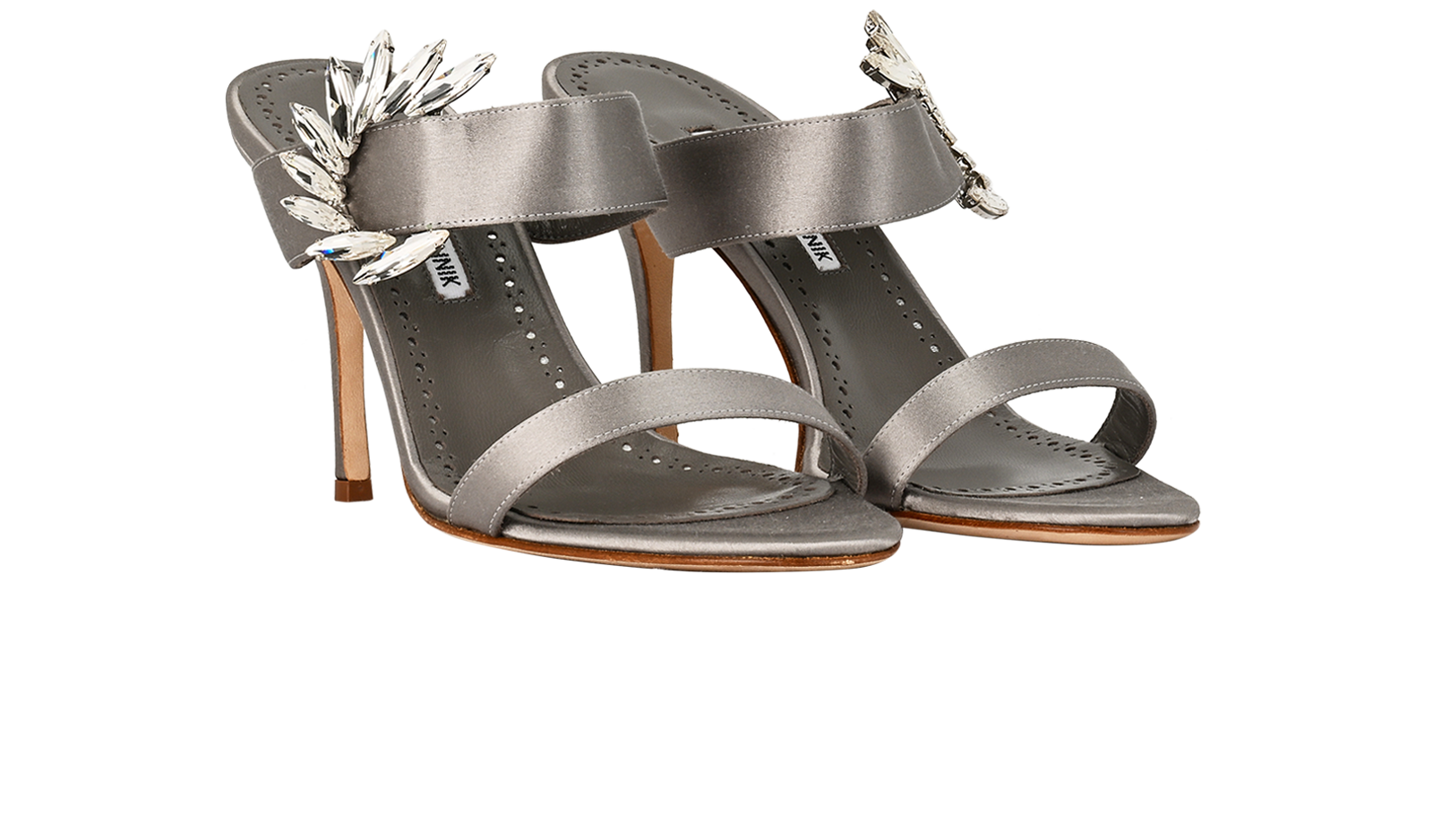 Manolo Blahnik Chivela Crystal Embellished Mules, &pound;290, Shoes, Grey, Satin, Side view
