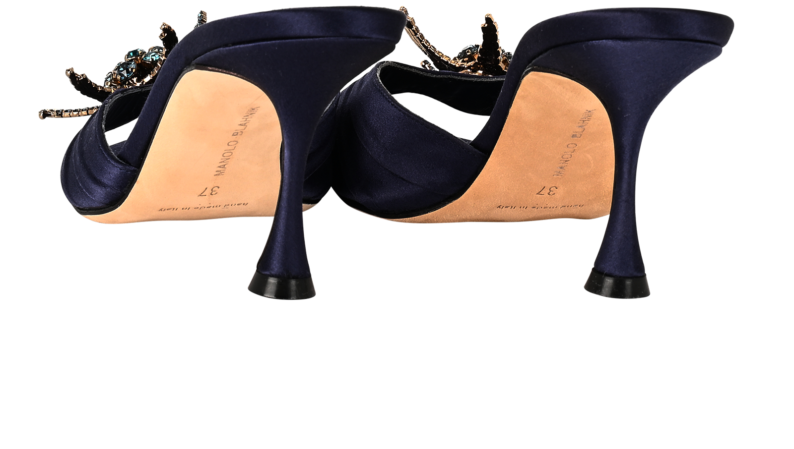 Manolo Blahnik Crystal Embellished Sandals, &pound;250, Shoes, Navy, Satin, Back view