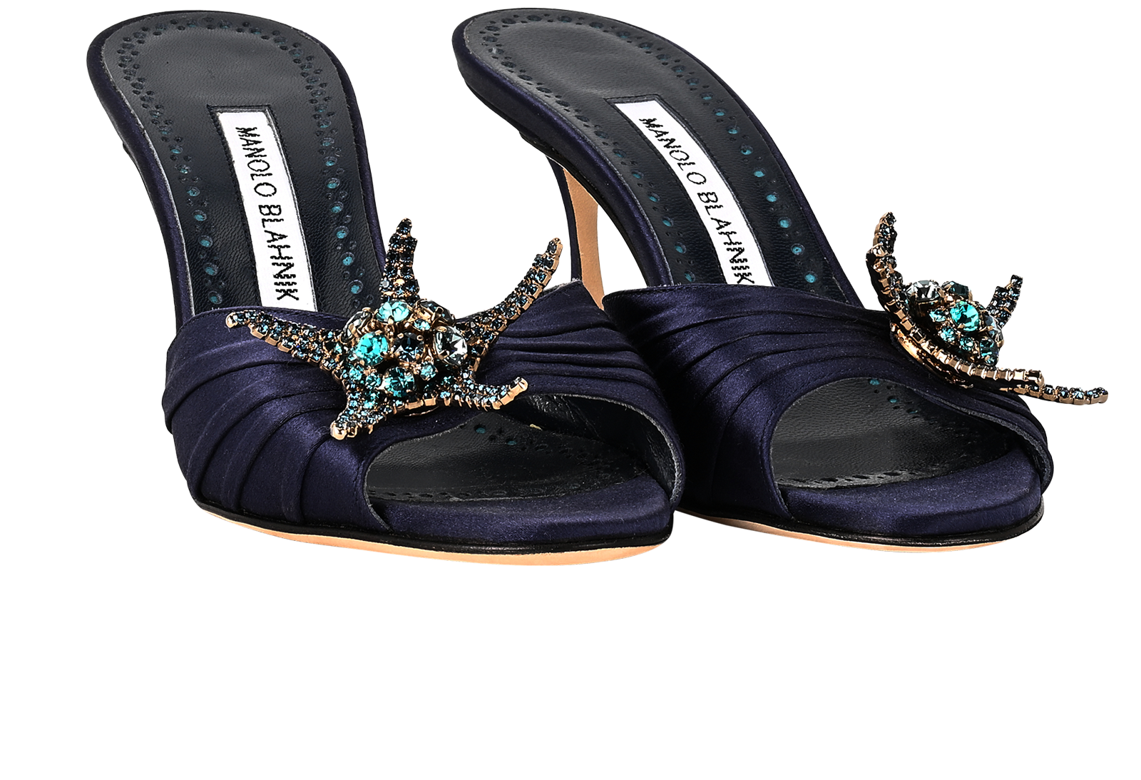 Manolo Blahnik Crystal Embellished Sandals, &pound;250, Shoes, Navy, Satin, Side view