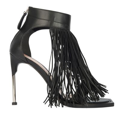 Alexander McQueen Fringed Heel Sandals, &pound;200, Shoes, Black, Leather, Front view