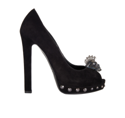 Alexander McQueen Open Toe Skull Heels, Suede, Black, UK3, 2*