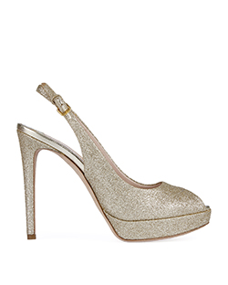 Miu Miu Glitter Sling Back Peep Toe Heels, Patent, Gold, UK 5